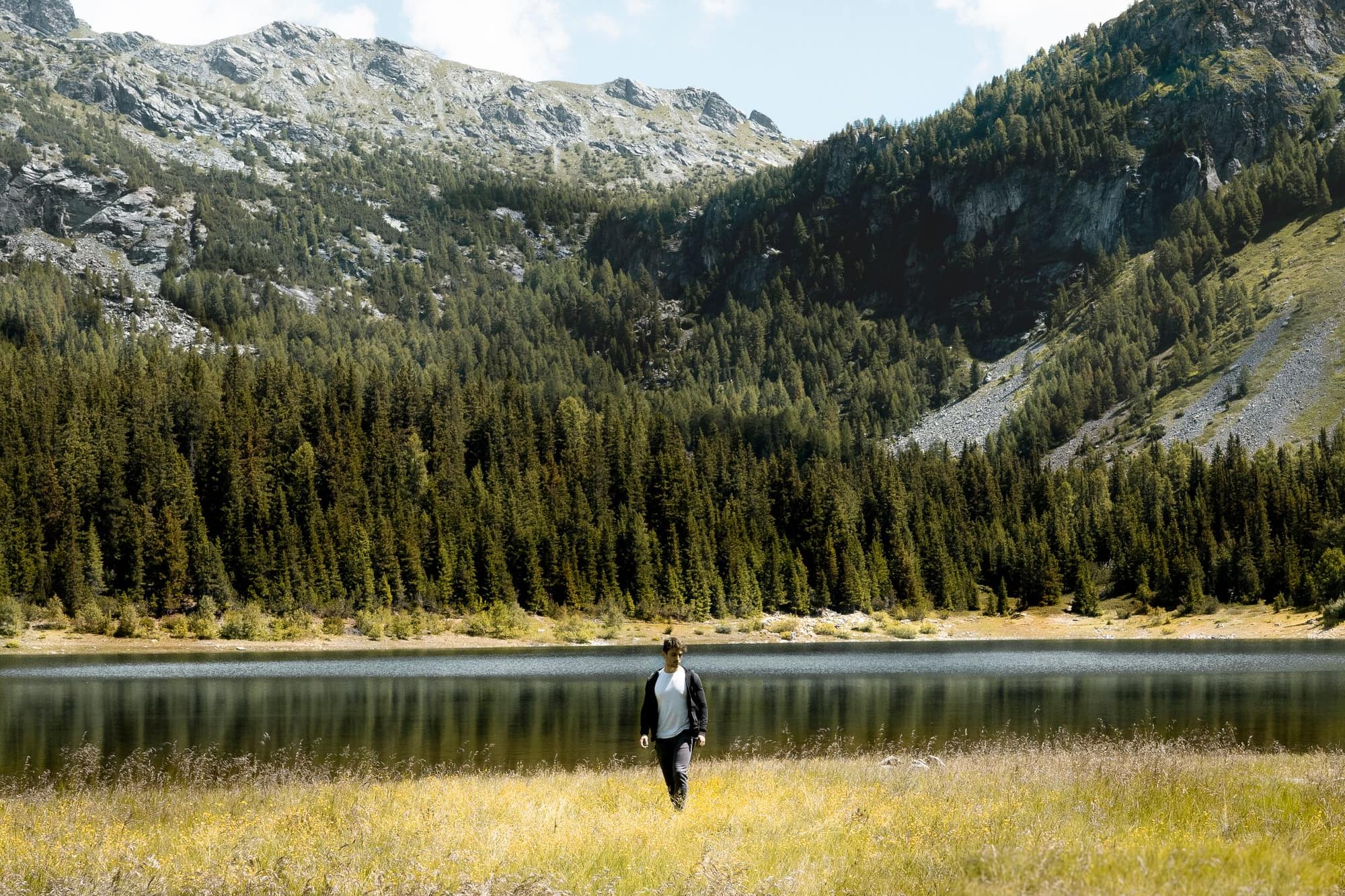 Un lac de montagne bordé de forêt, au grand air