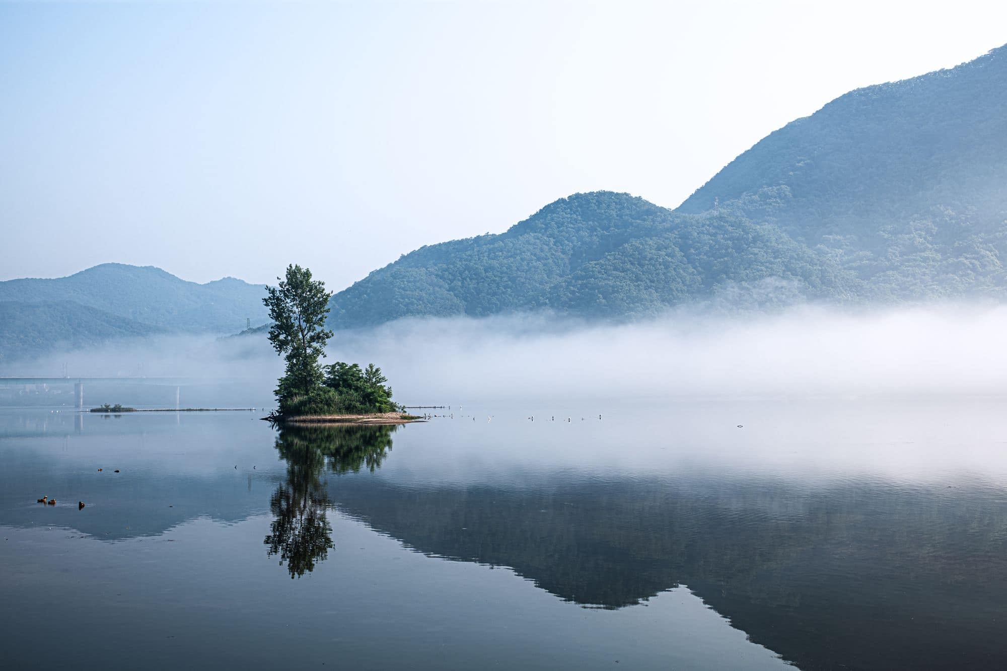 Un lac calme dans la brume, une petite île et des montagnes